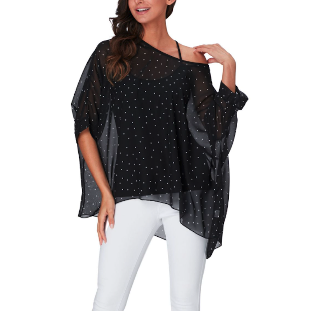 Womens Polkadot Chiffon Tunic Top in black with a loose fit and elegant design, perfect for summer casual wear.