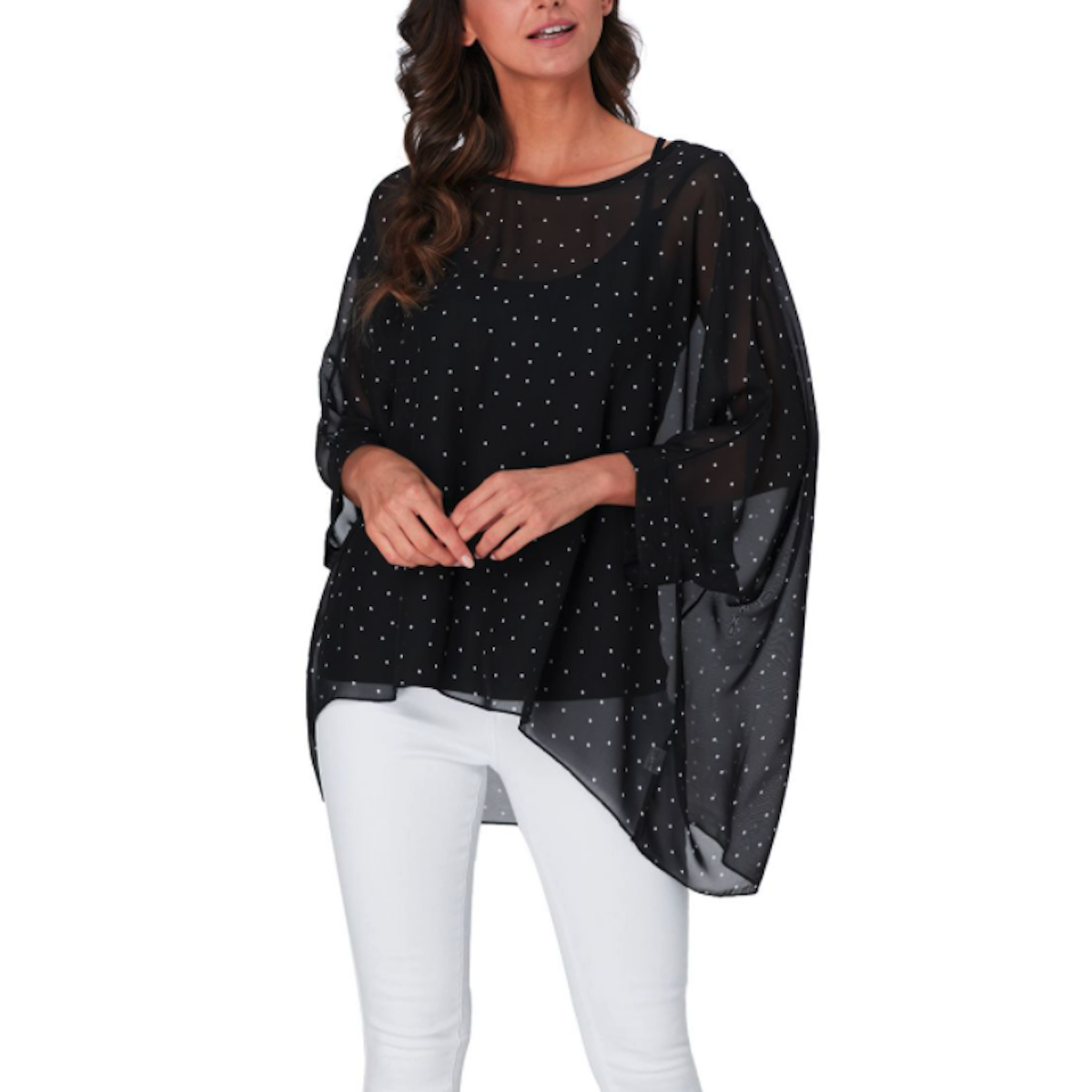Womens Polkadot Chiffon Tunic Top in black with a loose fit and elegant design, perfect for summer casual wear.