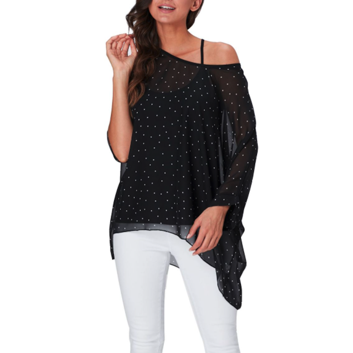 Womens Polkadot Chiffon Tunic Top in black with a loose fit and elegant design, perfect for summer casual wear.
