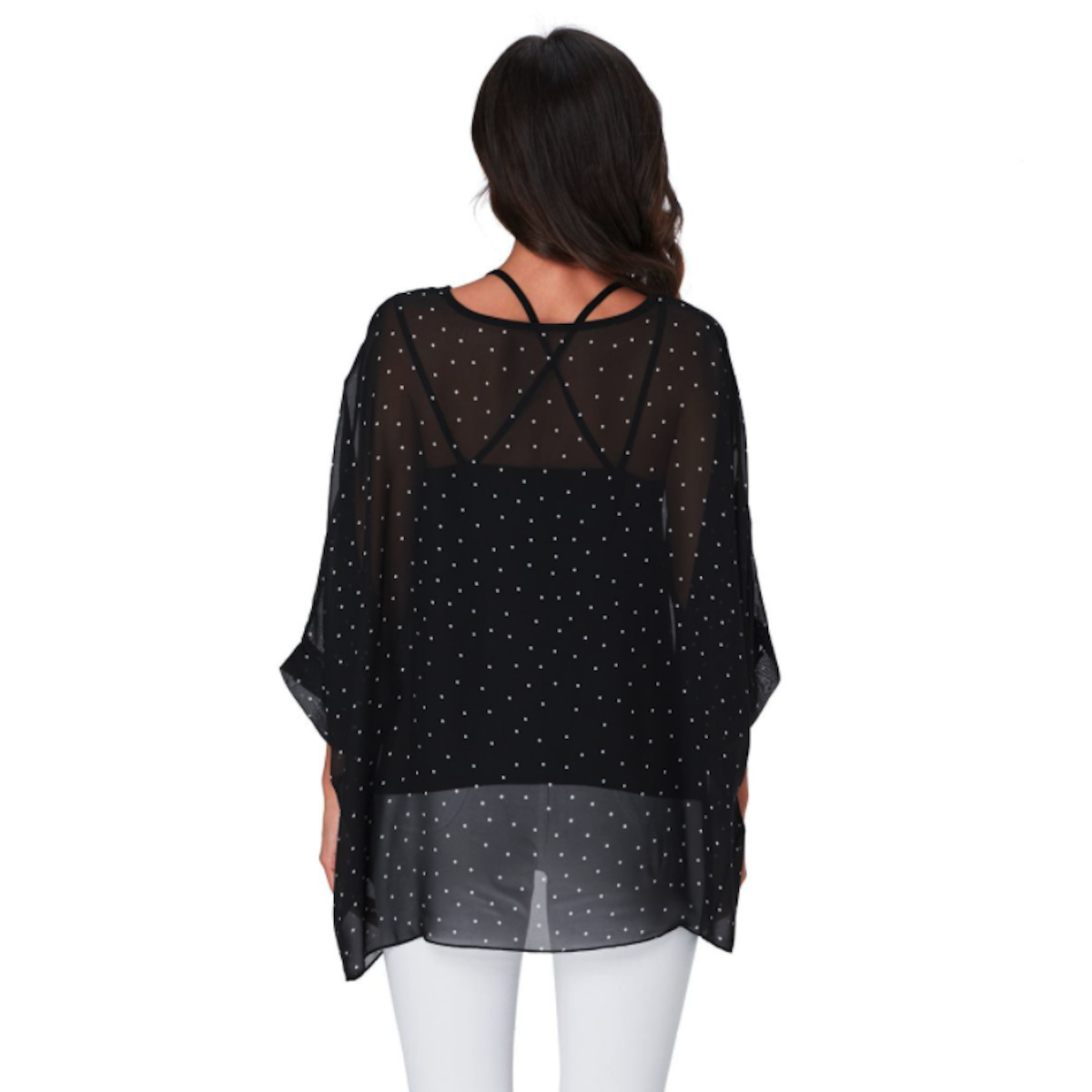Womens Polkadot Chiffon Tunic Top in black with a loose fit and elegant design, perfect for summer casual wear.