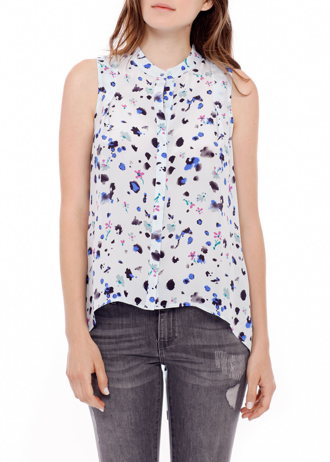 A stylish women's sleeveless mock neck sheer blouse made of 100% silk, featuring a button closure and elegant design.