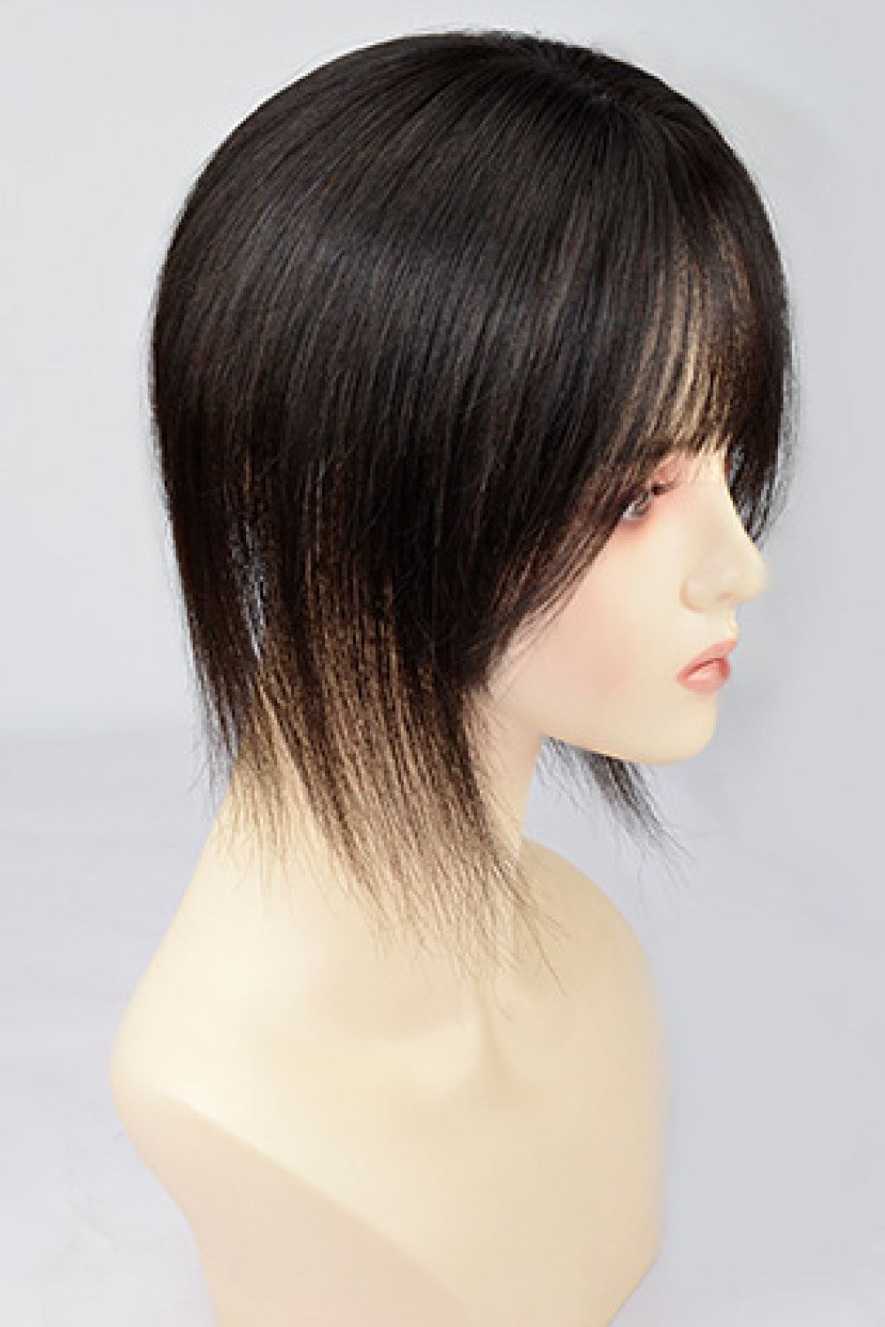 10 inch lace front human virgin hair topper with straight texture and 150% density, displayed on a mannequin.