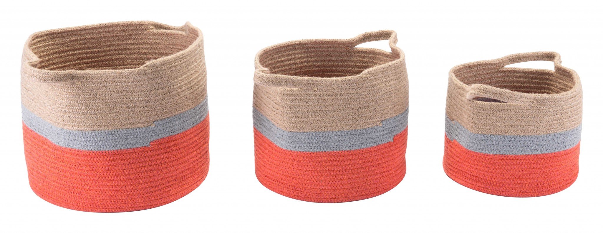 Set of 3 multicolor jute baskets with handles, perfect for stylish storage and organization.