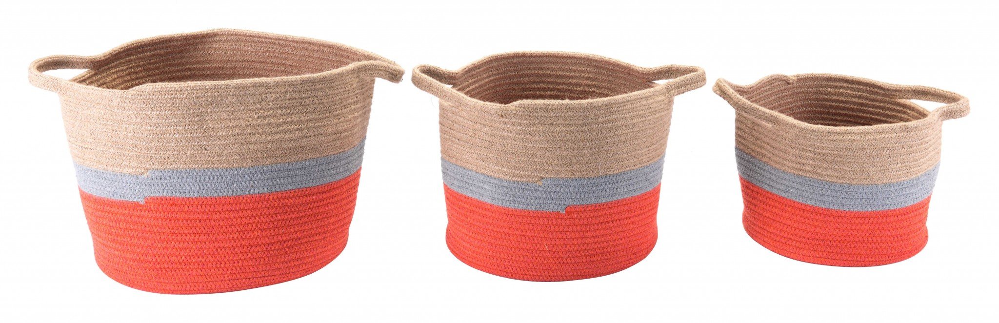 Set of 3 multicolor jute baskets with handles, perfect for stylish storage and organization.