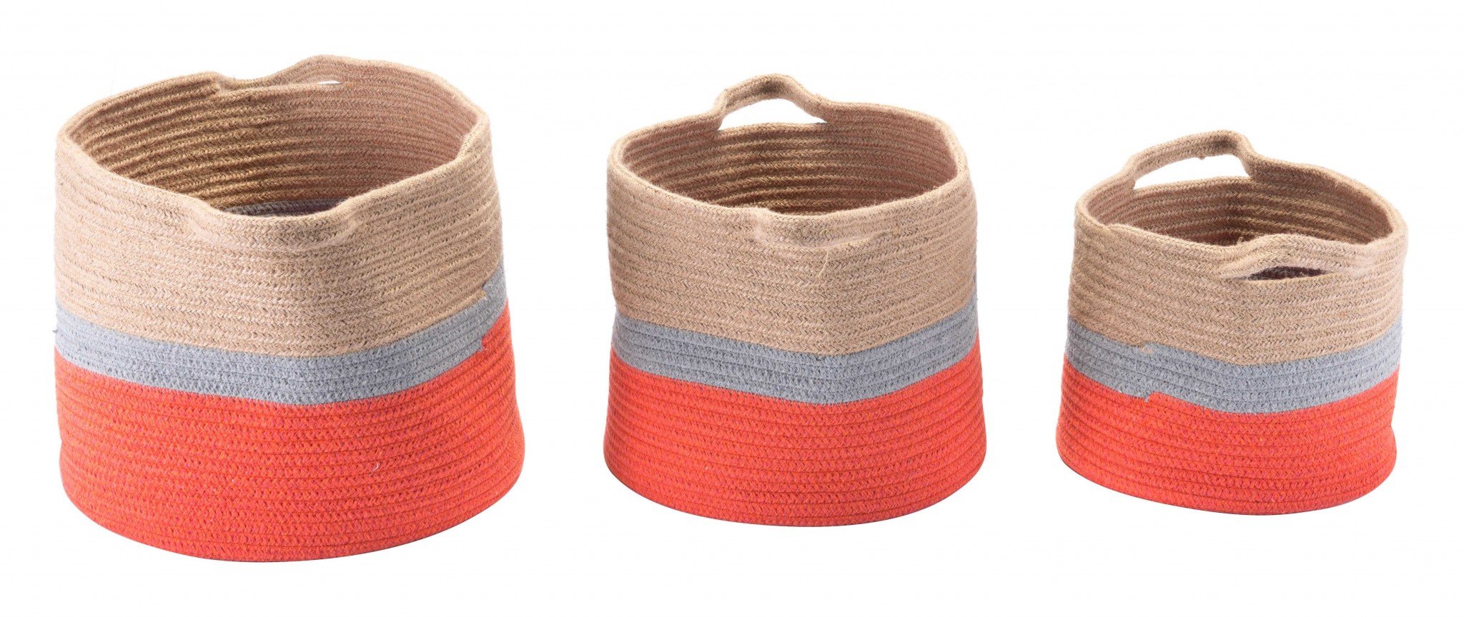 Set of 3 multicolor jute baskets with handles, perfect for stylish storage and organization.