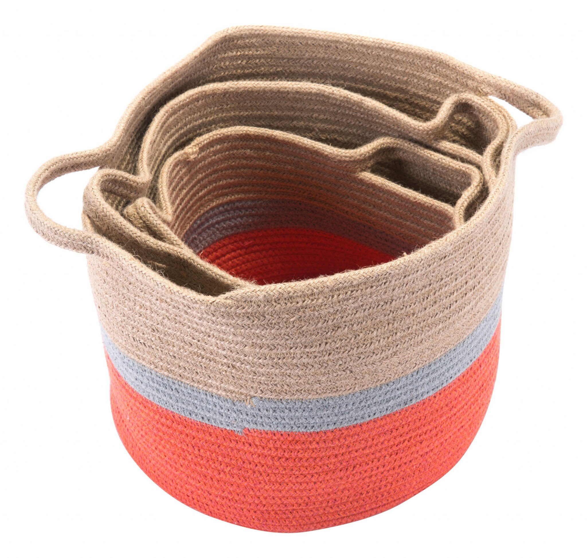 Set of 3 multicolor jute baskets with handles, perfect for stylish storage and organization.