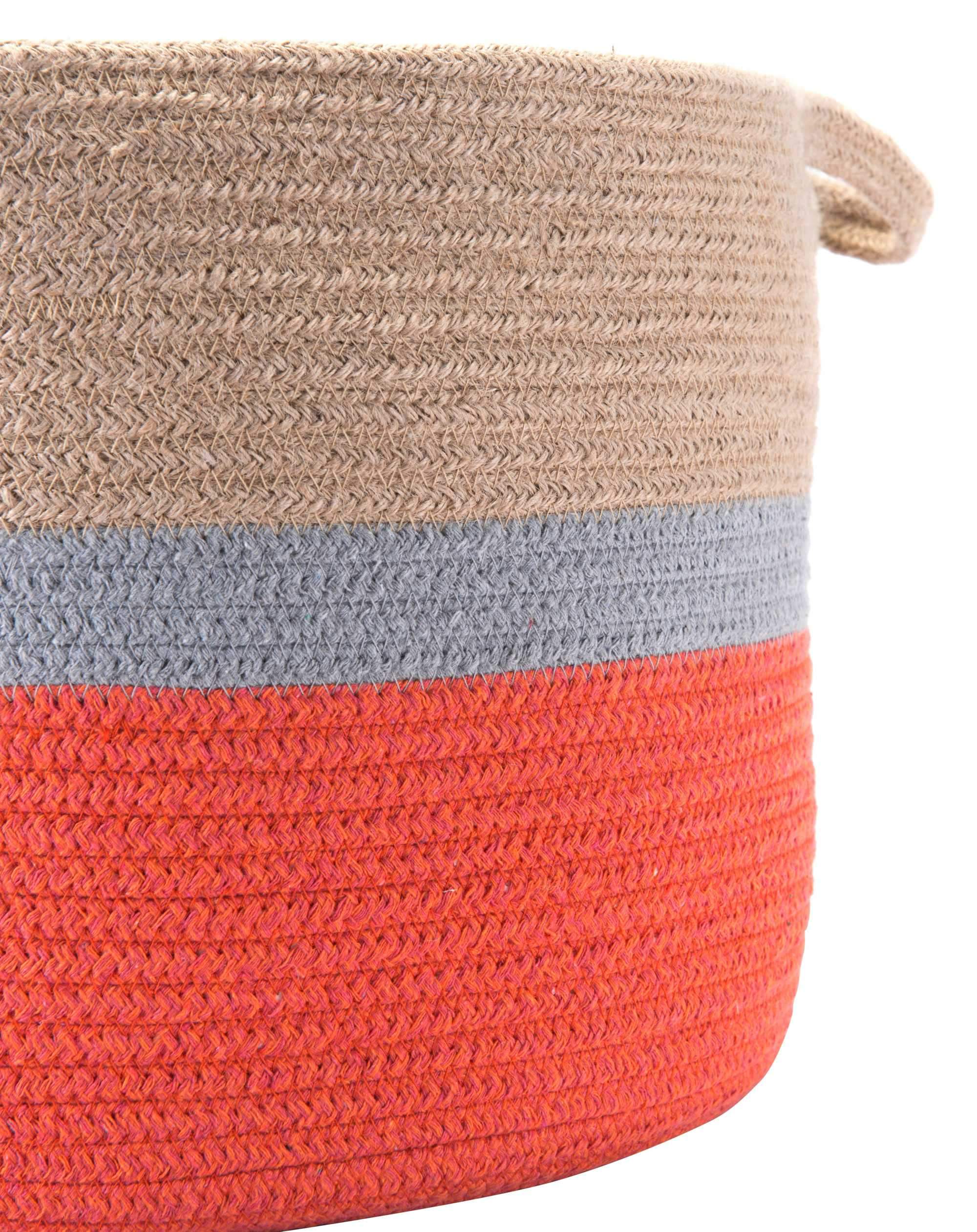Set of 3 multicolor jute baskets with handles, perfect for stylish storage and organization.