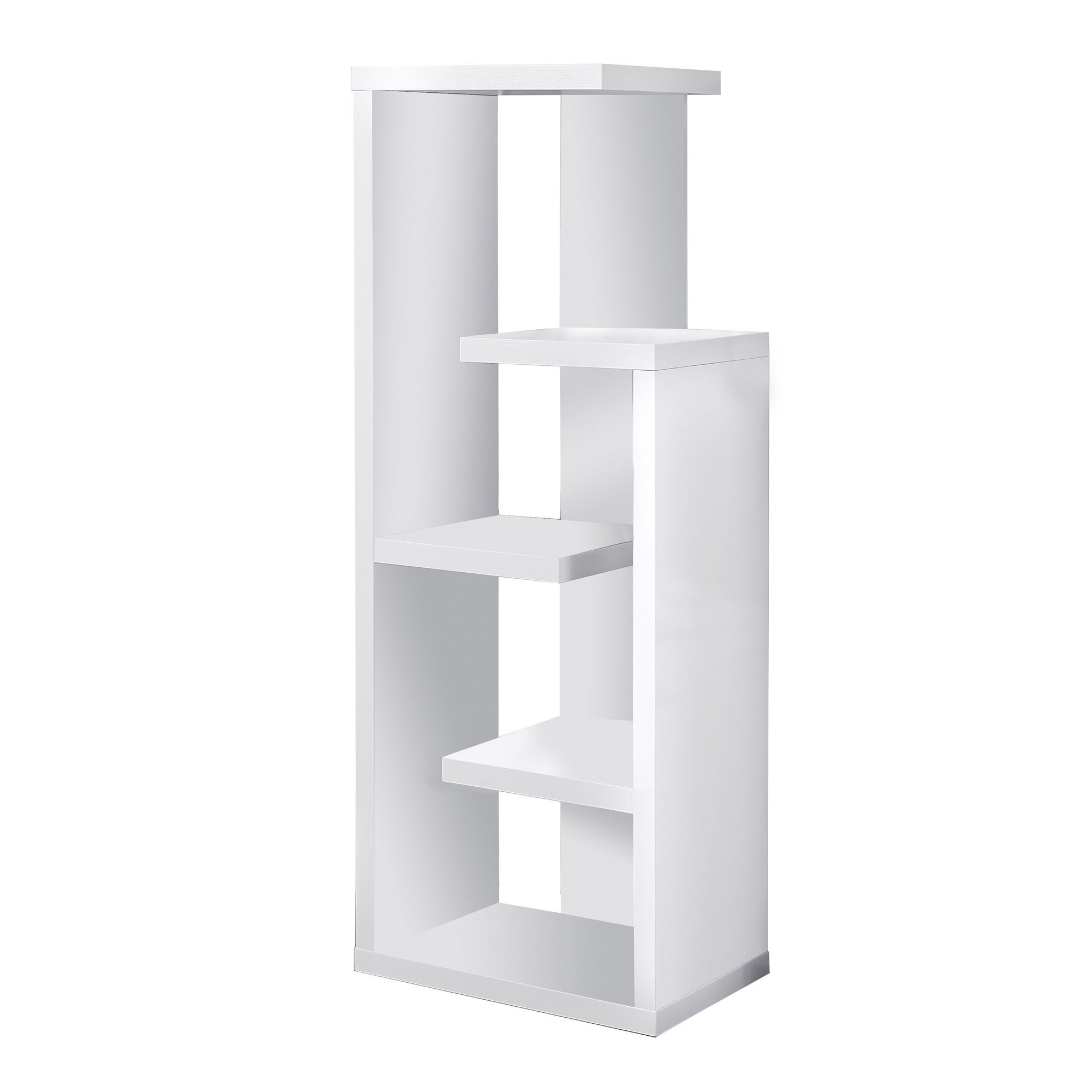 A modern white particle board bookcase with five open shelves, perfect for displaying books and decorative items.