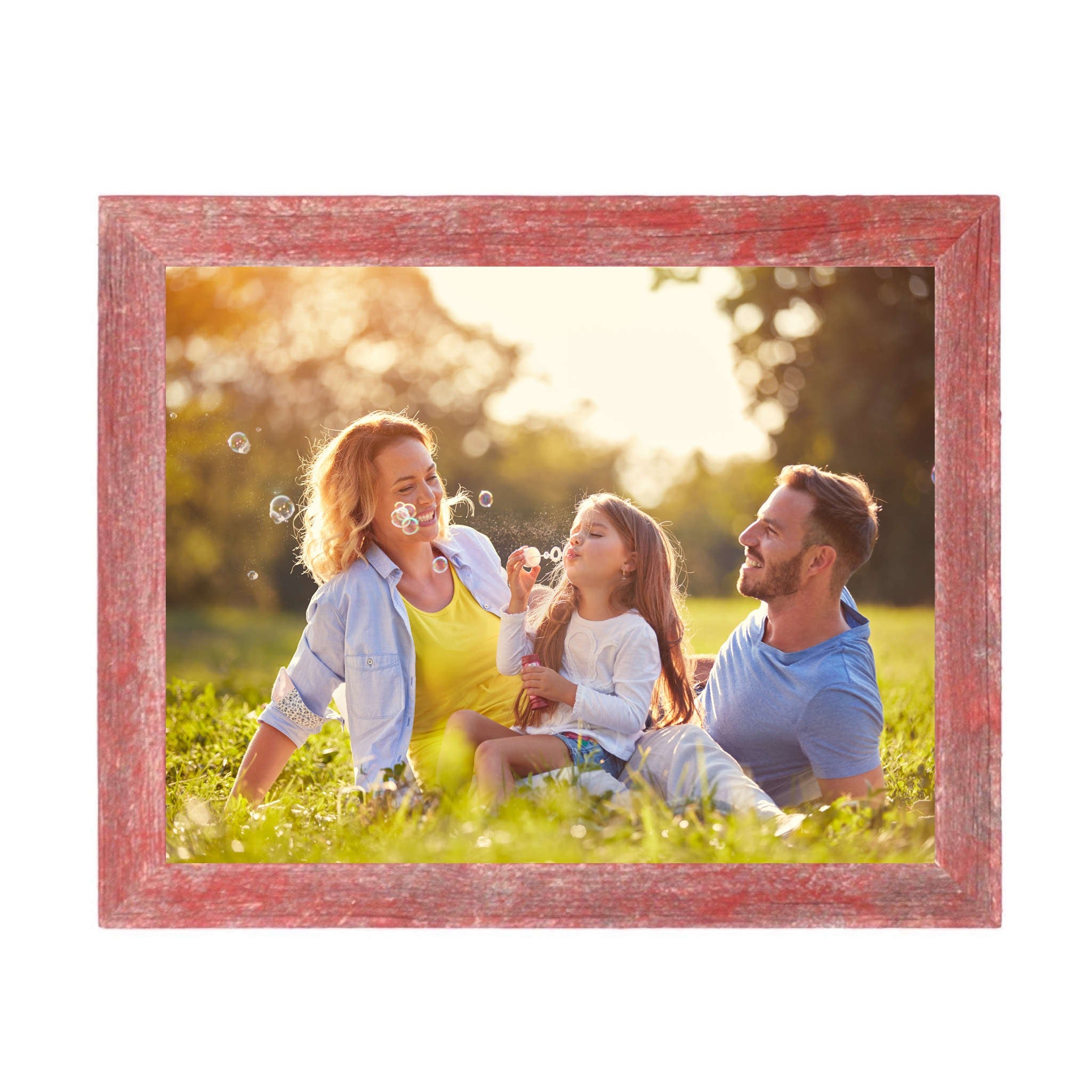 A rustic farmhouse red wood frame measuring 12x12 inches, showcasing natural wood knots and blemishes, perfect for displaying photos.