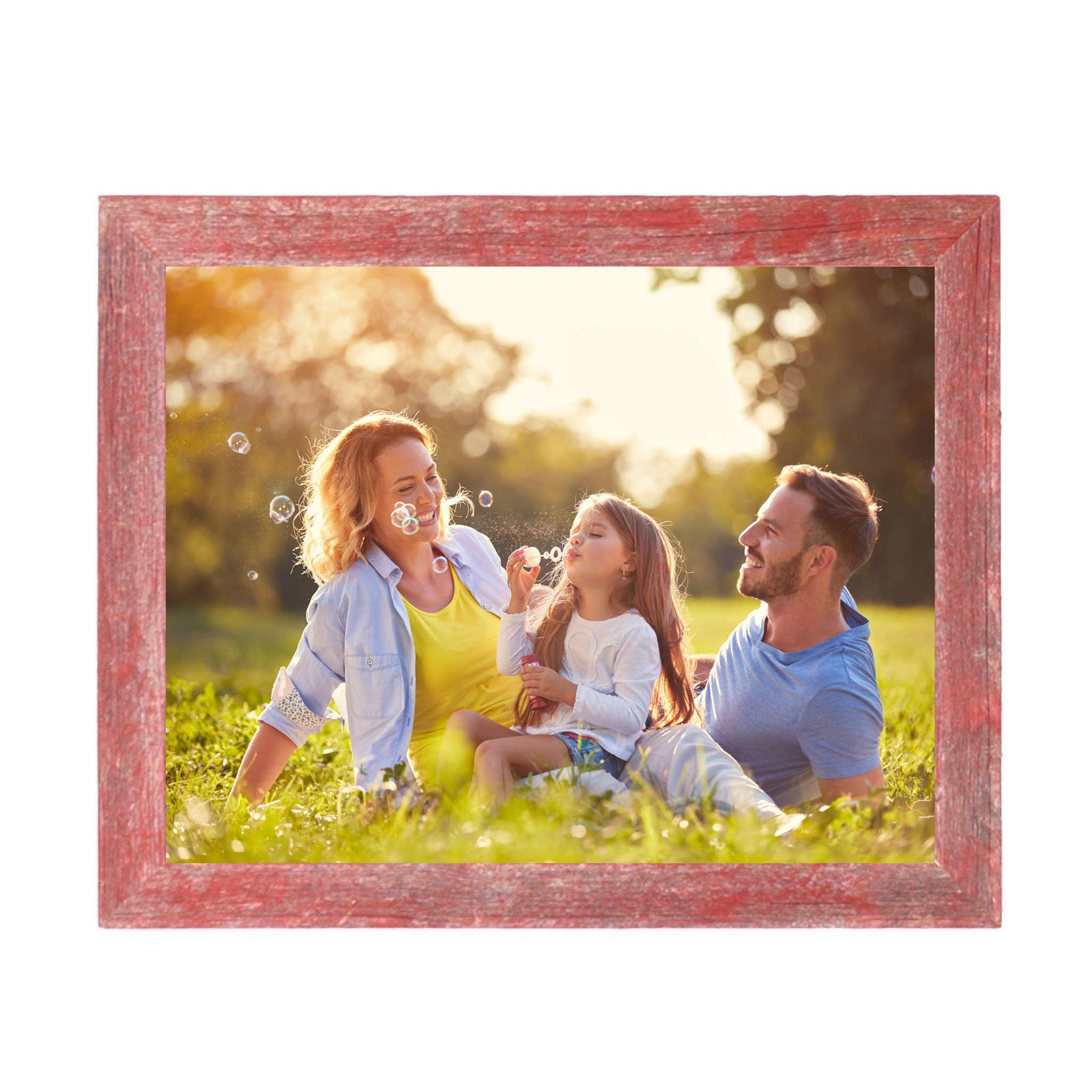 A rustic farmhouse red wood frame measuring 12x12 inches, showcasing natural wood knots and blemishes, perfect for displaying photos.