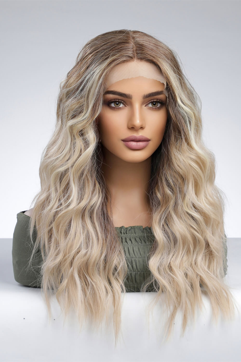 A mannequin displaying a 13*2'' lace front wig with long wavy synthetic hair, showcasing its natural look and 150% density.