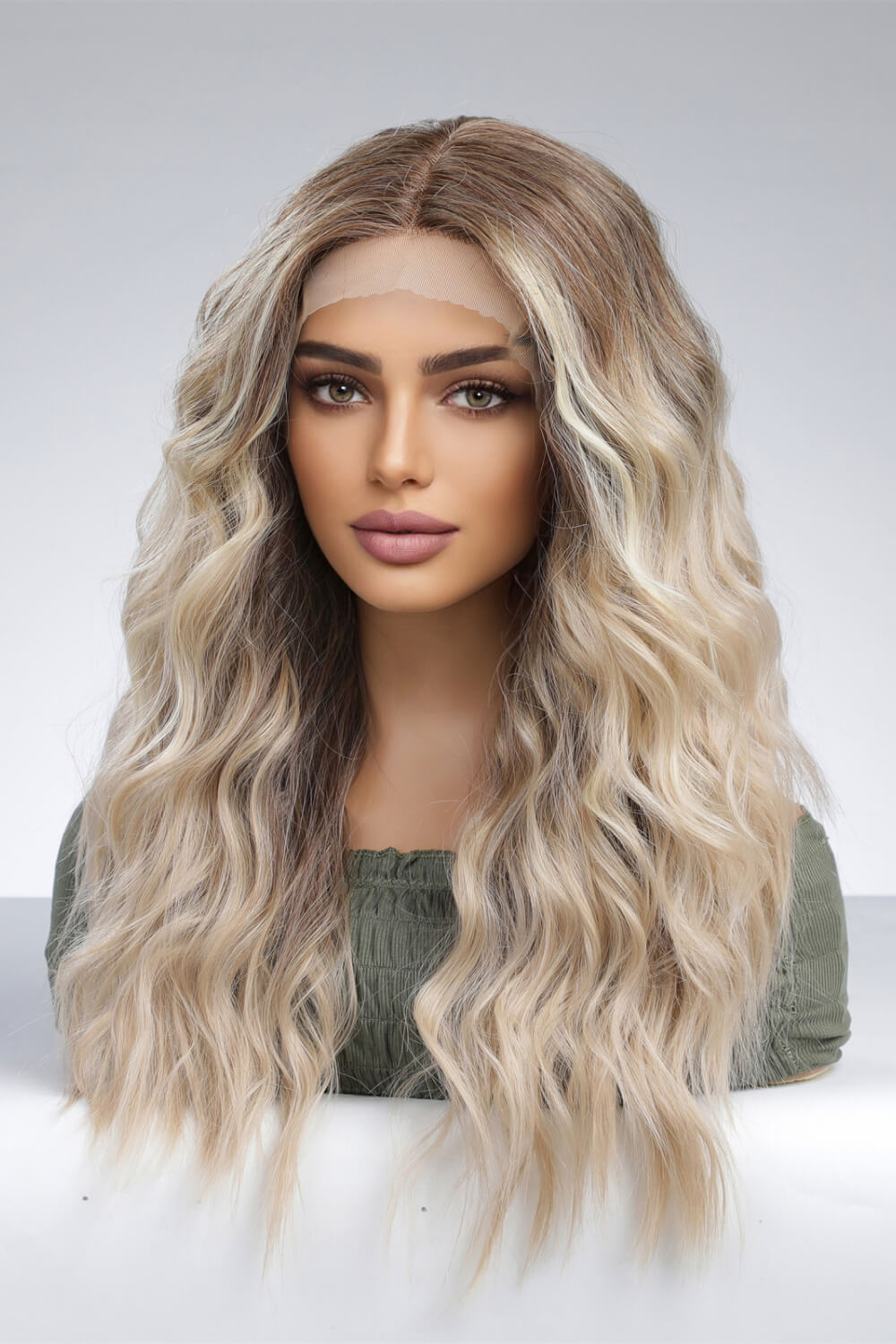 A mannequin displaying a 13*2'' lace front wig with long wavy synthetic hair, showcasing its natural look and 150% density.