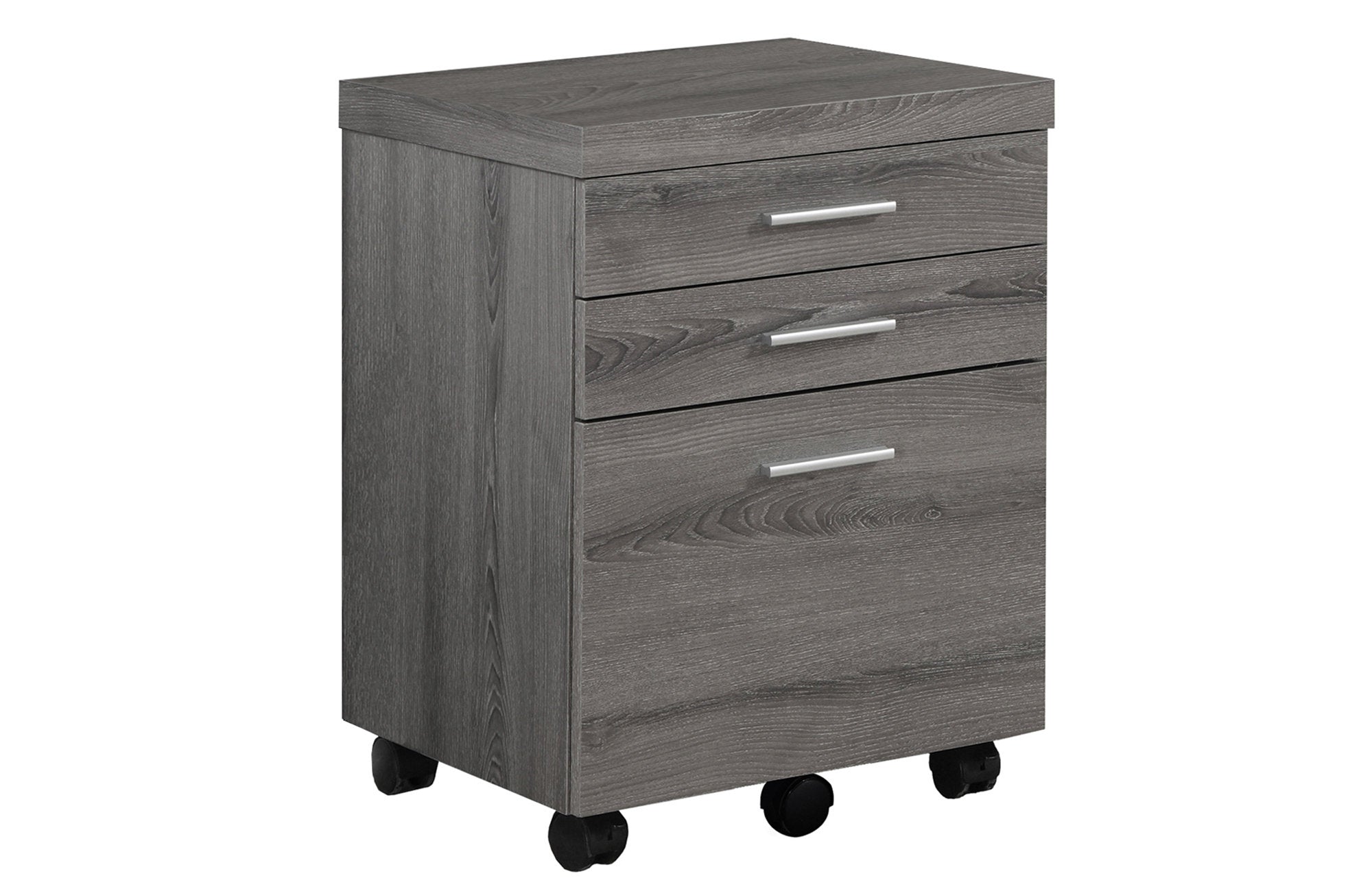 Dark Taupe Black Particle file cabinet with three drawers, showcasing a contemporary design and durable construction.