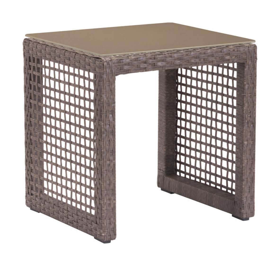 Cocoa End Tempered Glass Table featuring a modern cabana style design with a synthetic woven resin base and tempered glass top.