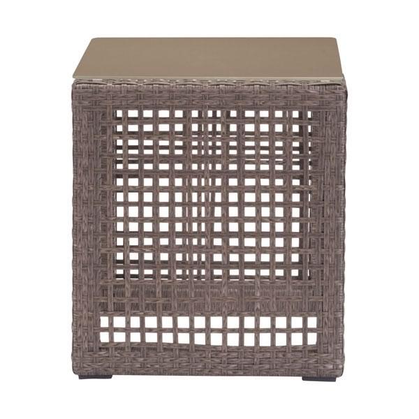 Cocoa End Tempered Glass Table featuring a modern cabana style design with a synthetic woven resin base and tempered glass top.