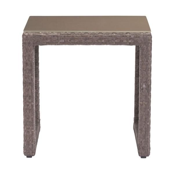 Cocoa End Tempered Glass Table featuring a modern cabana style design with a synthetic woven resin base and tempered glass top.
