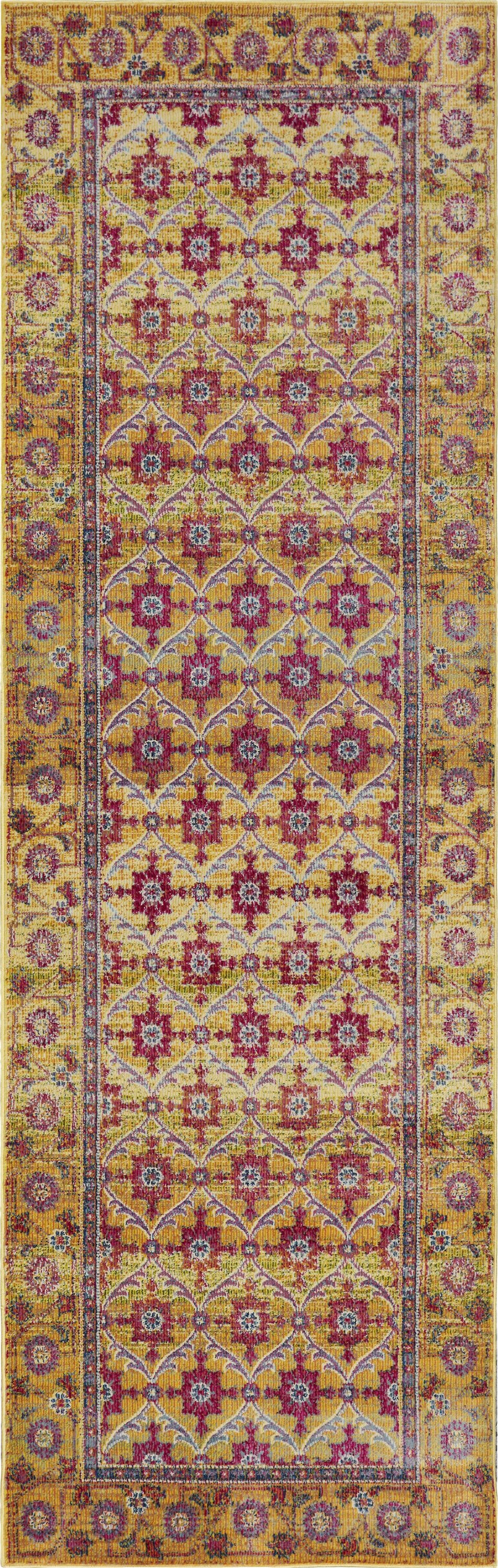 A luxurious 118" x 158" gold polypropylene rug from the Dreamweaver Collection, featuring intricate patterns and a vibrant color palette.