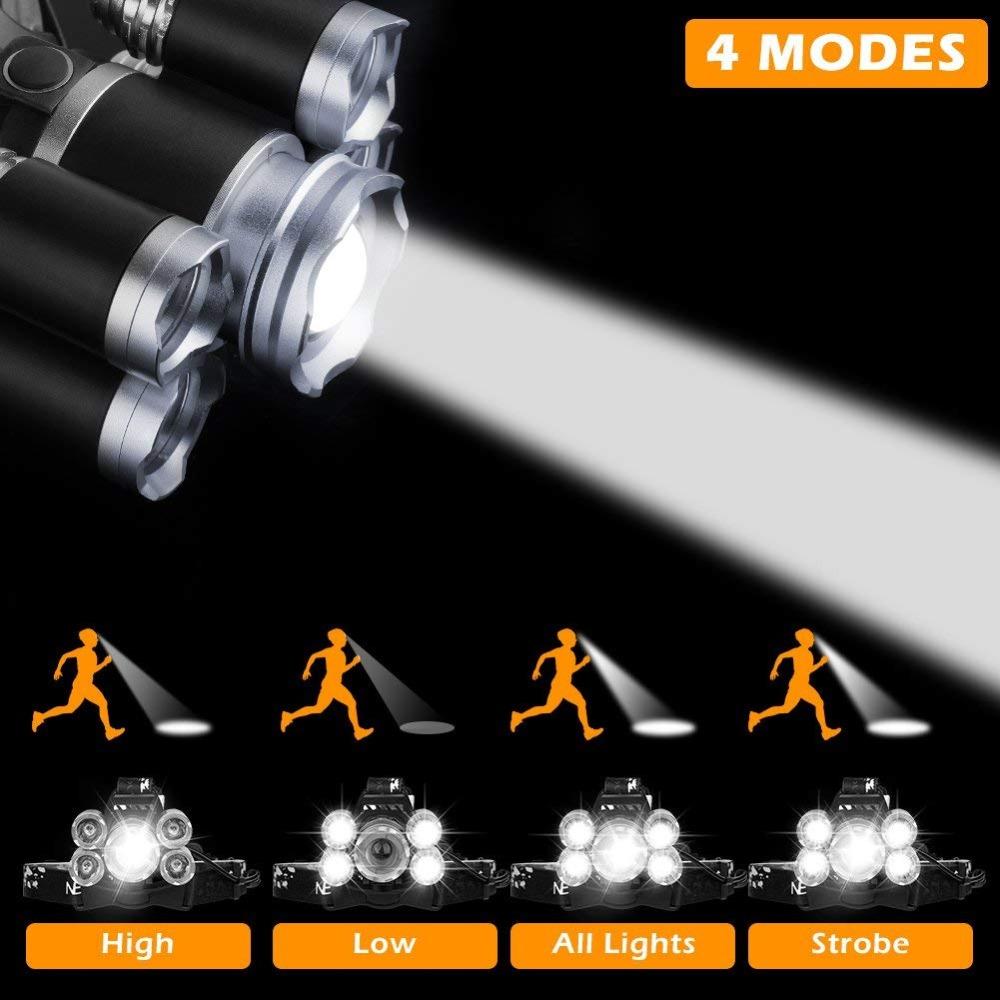 18650 Rechargeable Waterproof Headlamp with T6 LED, showcasing its adjustable strap and multiple lighting modes, ideal for outdoor activities.