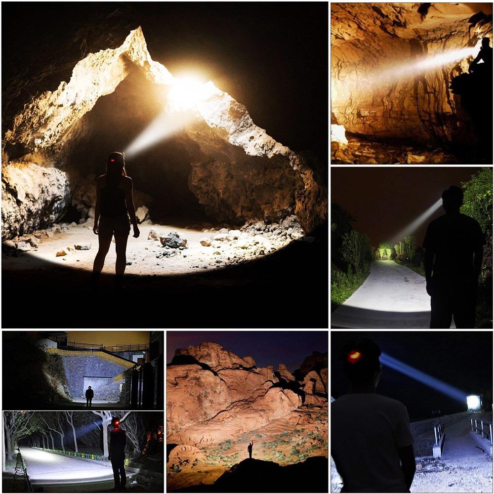 18650 Rechargeable Waterproof Headlamp with T6 LED, showcasing its adjustable strap and multiple lighting modes, ideal for outdoor activities.