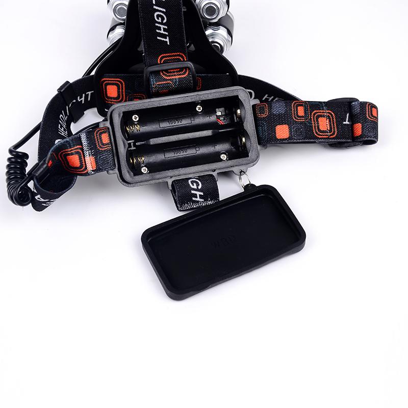 18650 Rechargeable Waterproof Headlamp with T6 LED, showcasing its adjustable strap and multiple lighting modes, ideal for outdoor activities.