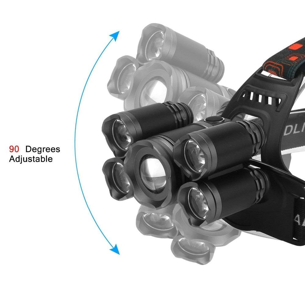 18650 Rechargeable Waterproof Headlamp with T6 LED, showcasing its adjustable strap and multiple lighting modes, ideal for outdoor activities.