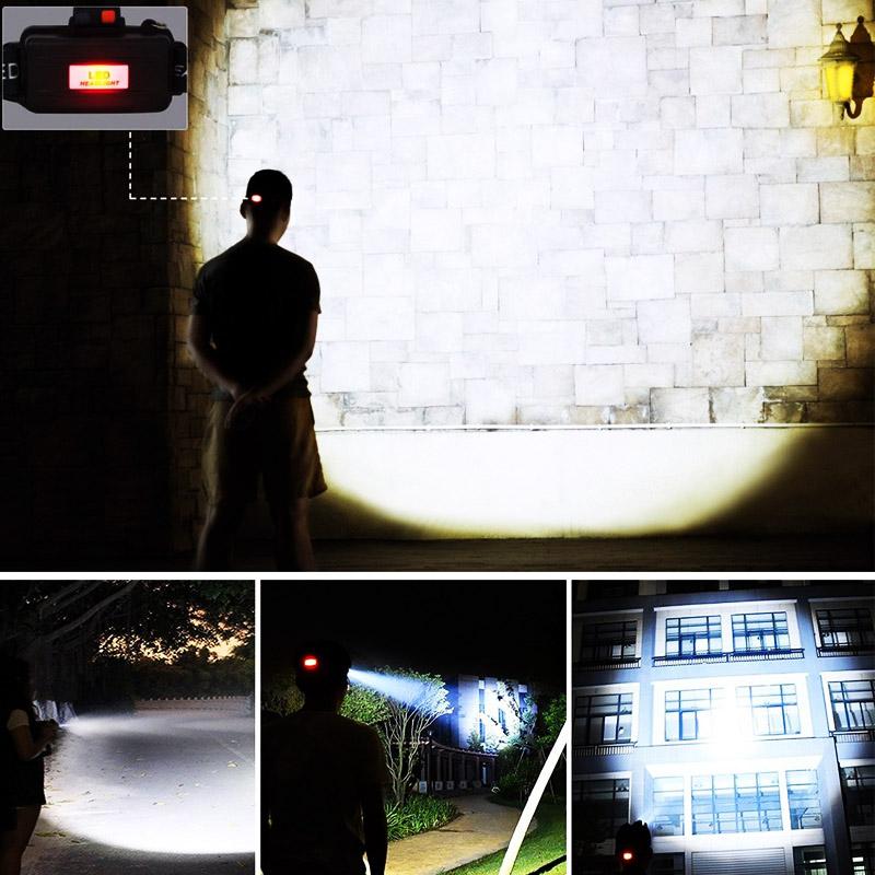 18650 Rechargeable Waterproof Headlamp with T6 LED, showcasing its adjustable strap and multiple lighting modes, ideal for outdoor activities.