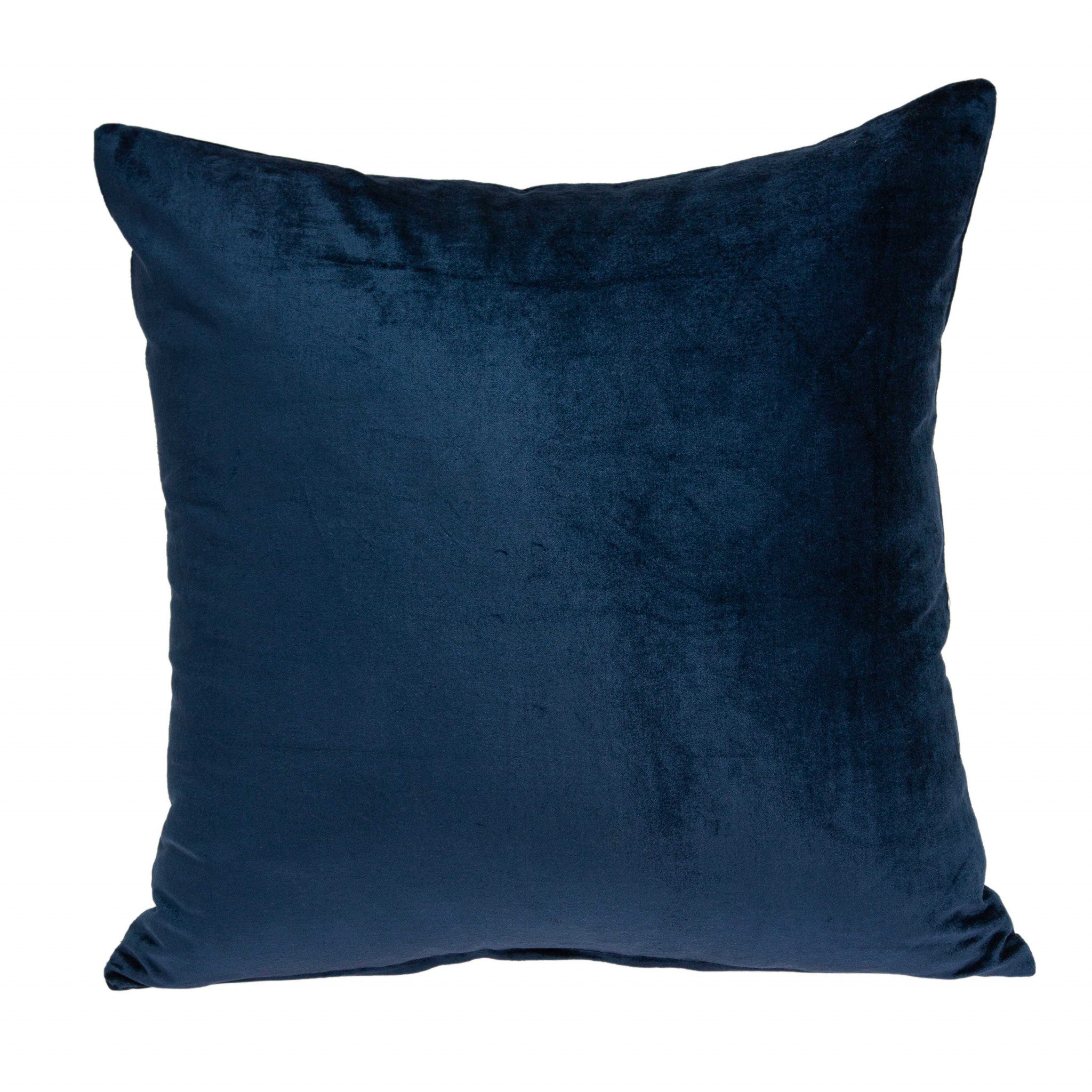 Transitional navy blue solid pillow measuring 18x7x18 inches, featuring a soft cotton and viscose blend cover with polyfill insert.