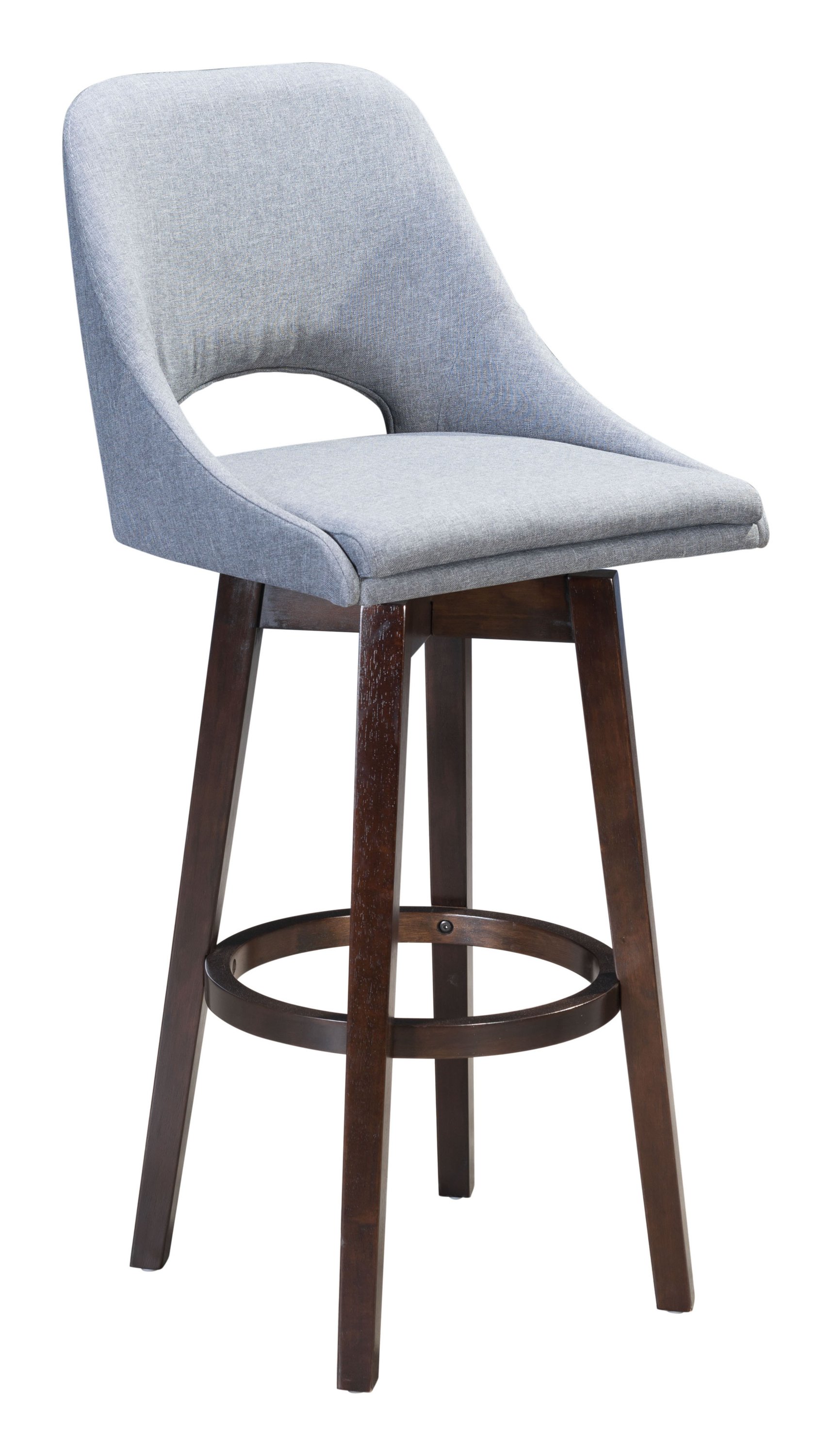 Stylish gray bar chair with padded seat and dark wood base, perfect for kitchen islands and bars.
