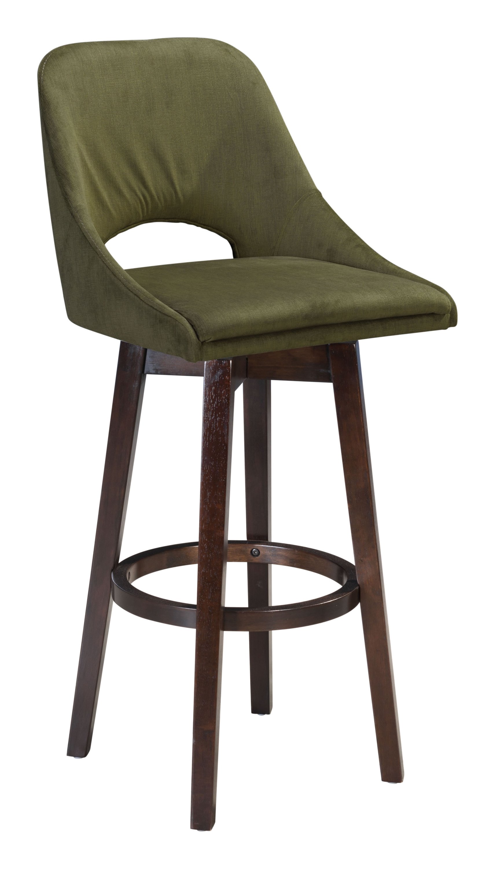 Stylish green bar chair with padded seat and dark wood base, perfect for kitchen islands and bars.