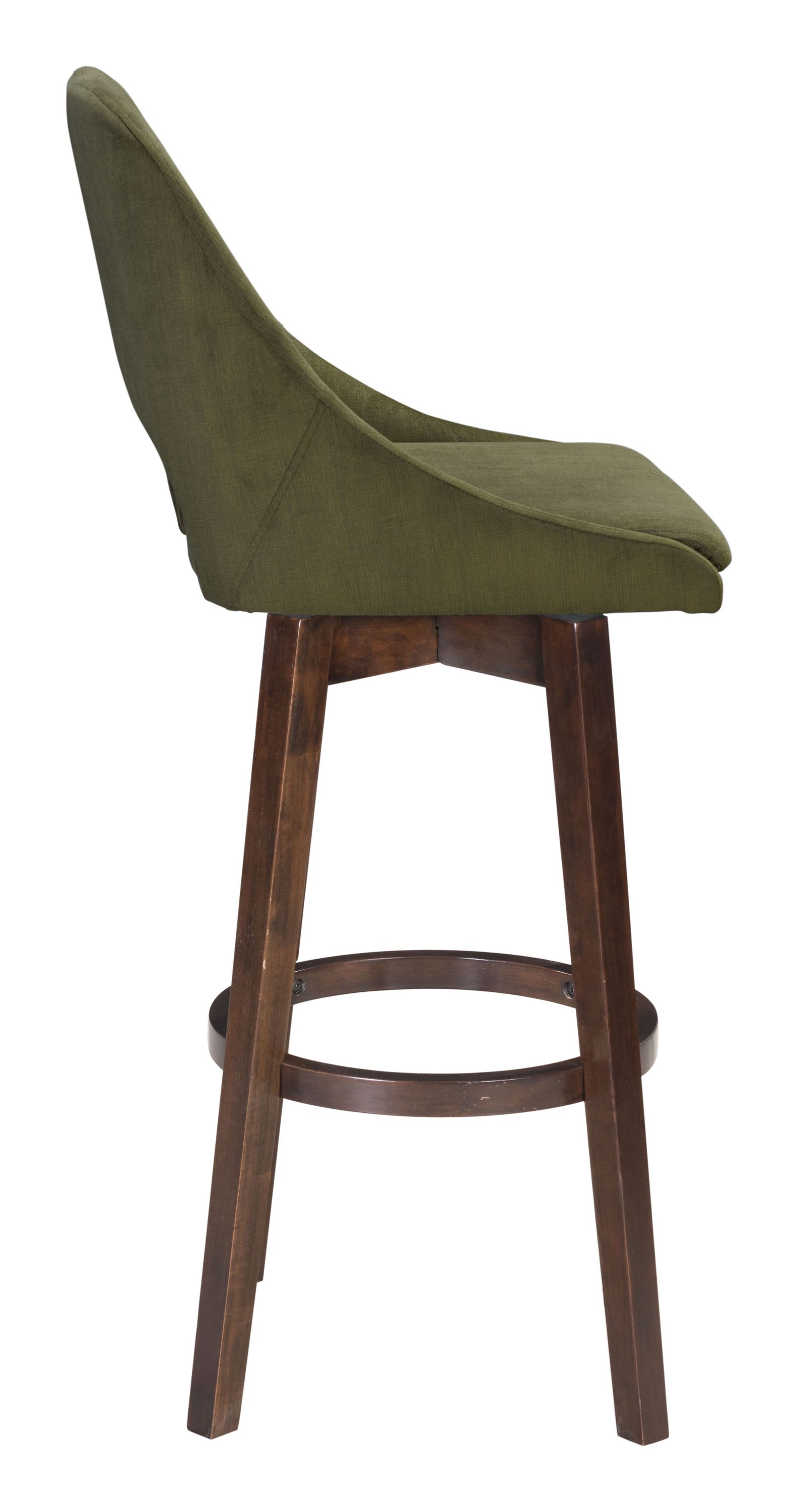 Stylish green bar chair with padded seat and dark wood base, perfect for kitchen islands and bars.