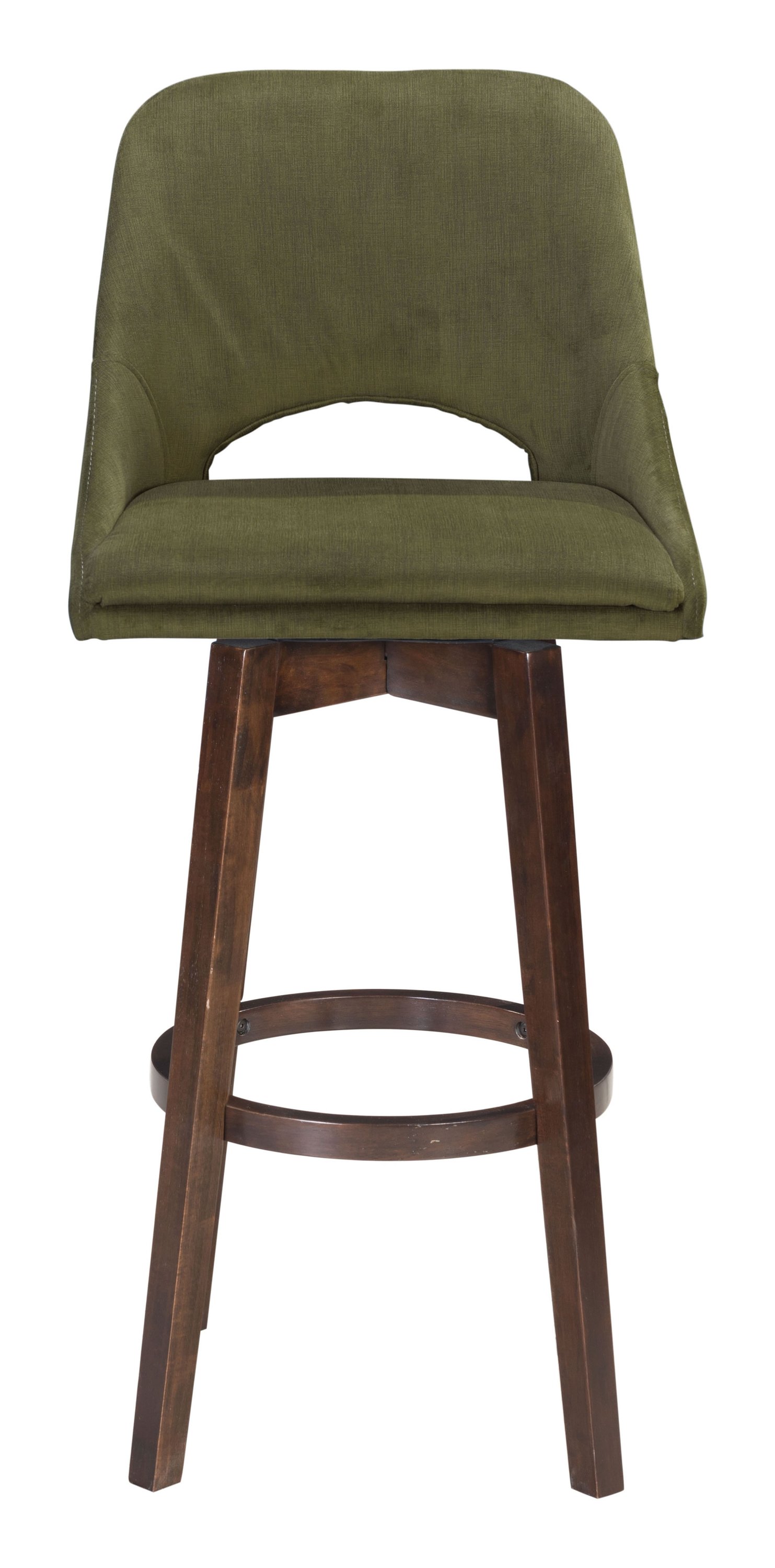 Stylish green bar chair with padded seat and dark wood base, perfect for kitchen islands and bars.