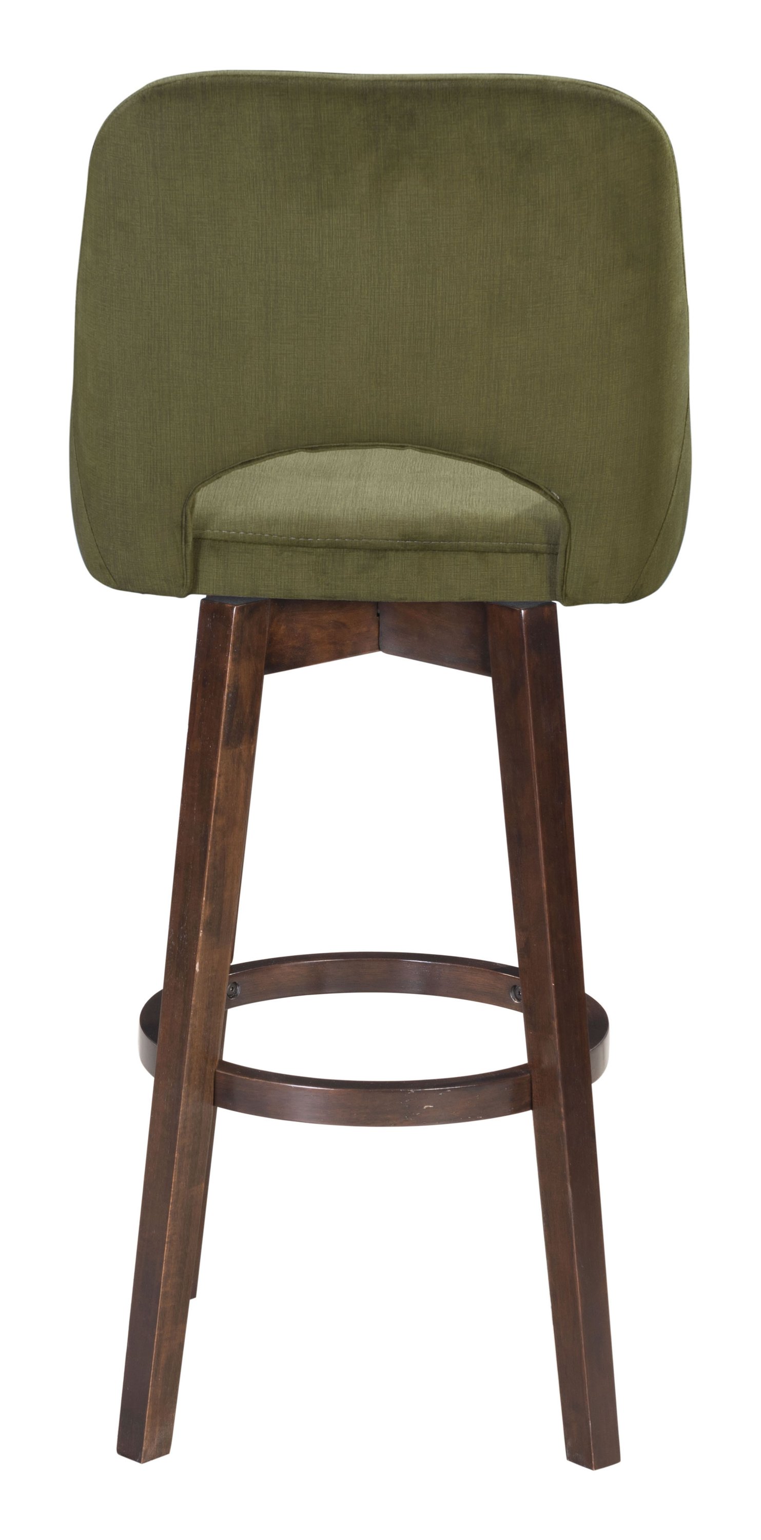 Stylish green bar chair with padded seat and dark wood base, perfect for kitchen islands and bars.