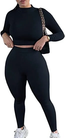 A stylish 2 piece outfit featuring a sexy long sleeve crop top and high-waisted bodycon pants, perfect for casual and workout occasions.