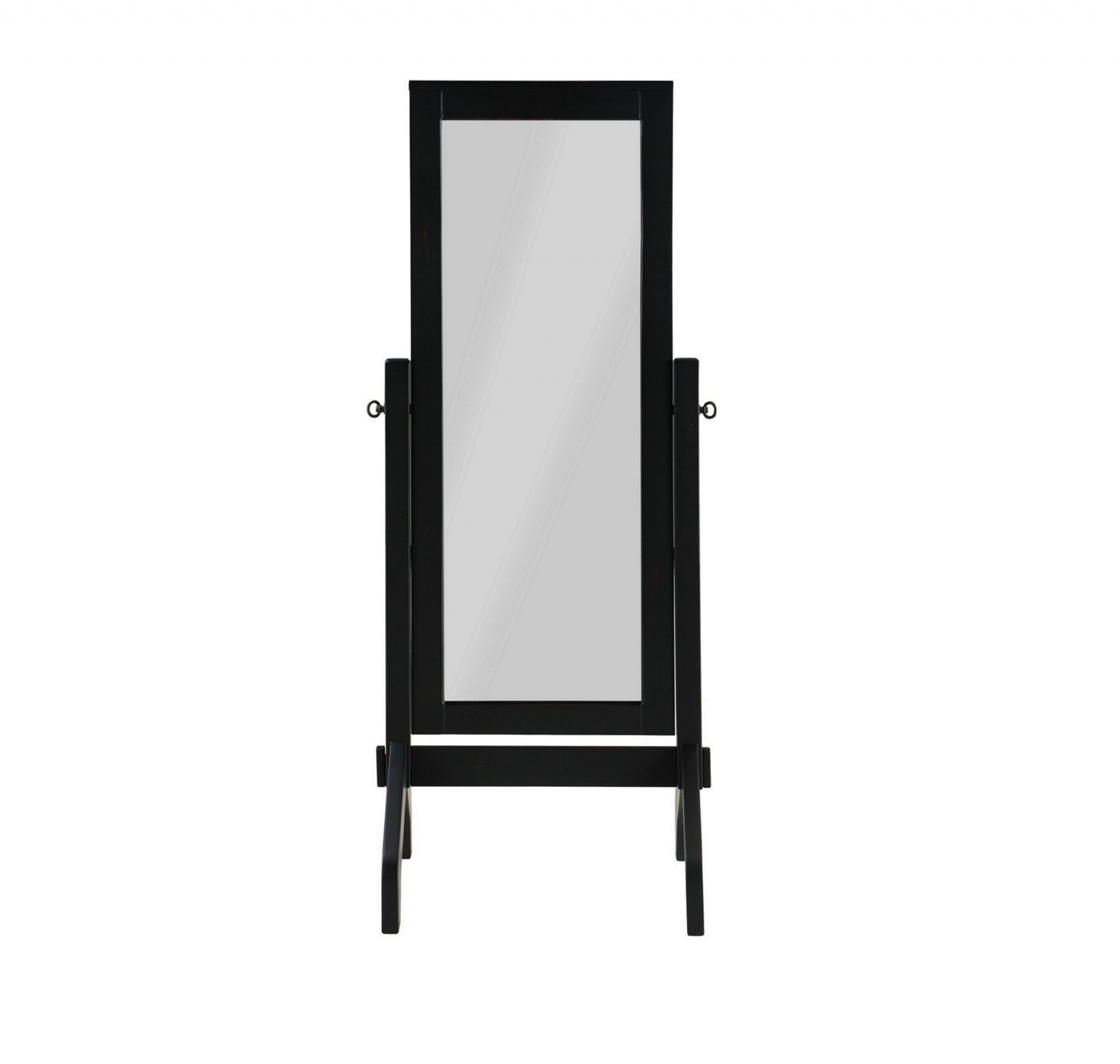 A stylish 22" x 22.5" x 59" black rubberwood rectangle mirror, showcasing its elegant design and freestanding mount.