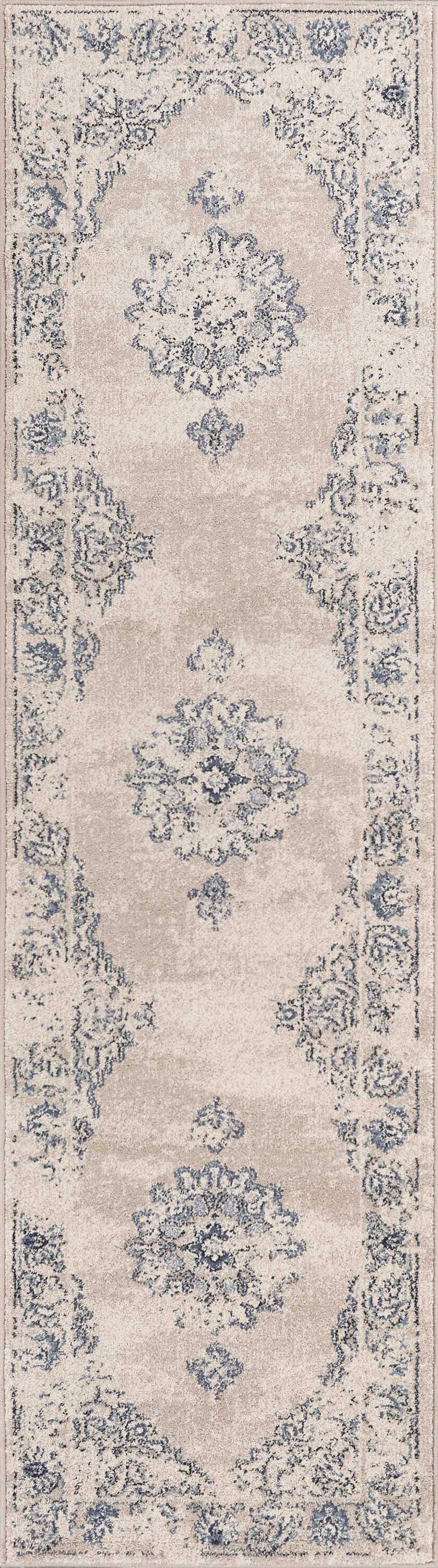 A beautiful 2' x 7' sky blue polypropylene area rug featuring vintage traditional patterns, perfect for enhancing home decor.