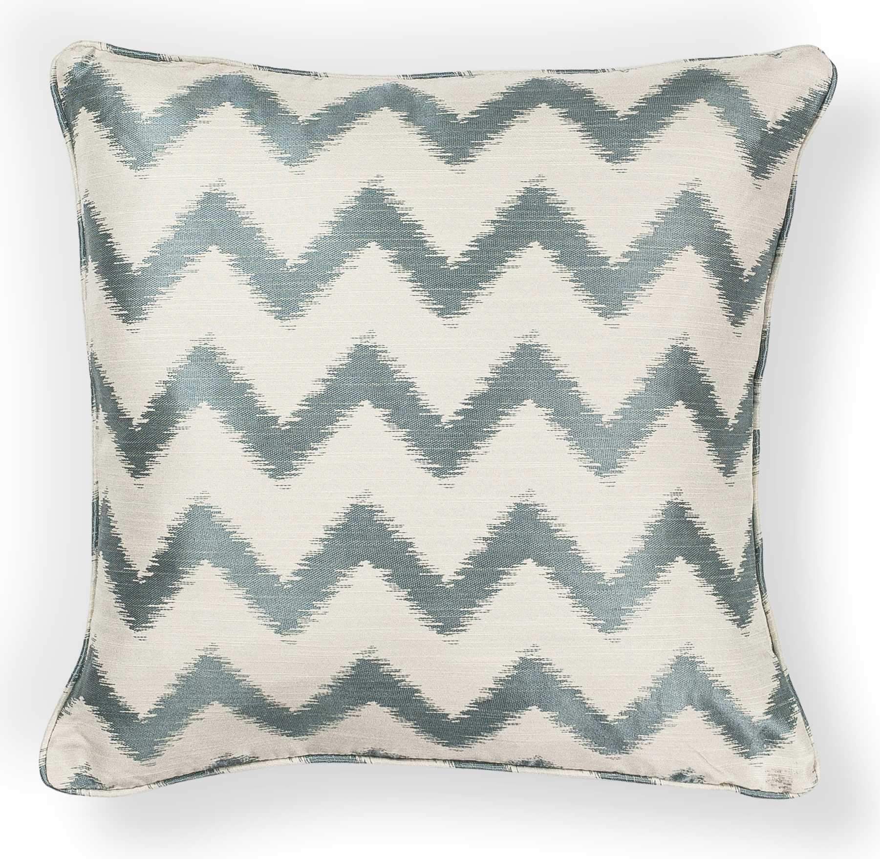 20" x 20" Polyester Pillow in Ivory and Light Blue, showcasing piped edges and hidden zipper closure.