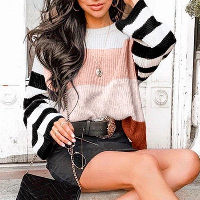 2021 Autumn and Winter Women's Color Splicing Knitwear featuring a trendy striped pattern in warm colors, perfect for layering.