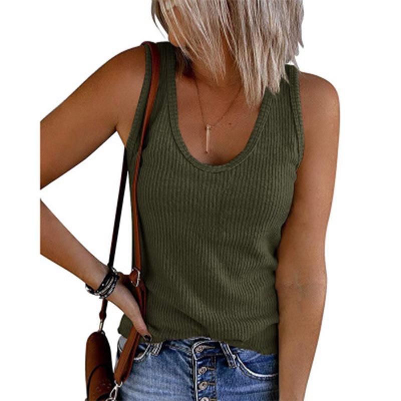 2021 Spring and Summer Women Vest in solid color, featuring a U-neck design and sleeveless rib knit for a stylish look.