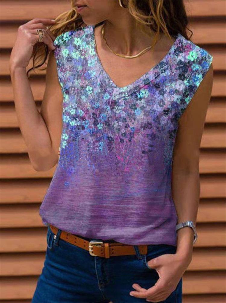 2021 Spring V-neck Printed Sleeveless Vest for women, showcasing a stylish design in soft cotton fabric with vibrant prints.