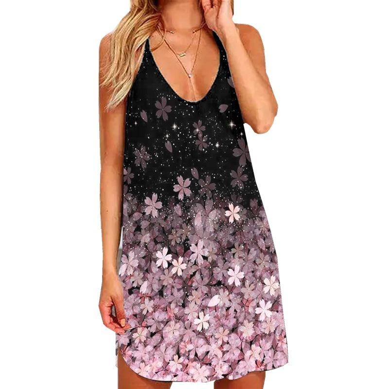 A stylish 2021 summer dress featuring a printed design, hollow-out details, and a halter neck, perfect for women looking for a sexy and slim fit.