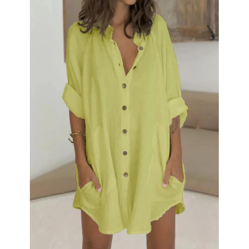 2021 Women Clothing Breasted Mid-Length Short Sleeve Loose Shirt made from cotton and linen, featuring a stylish design and comfortable fit.