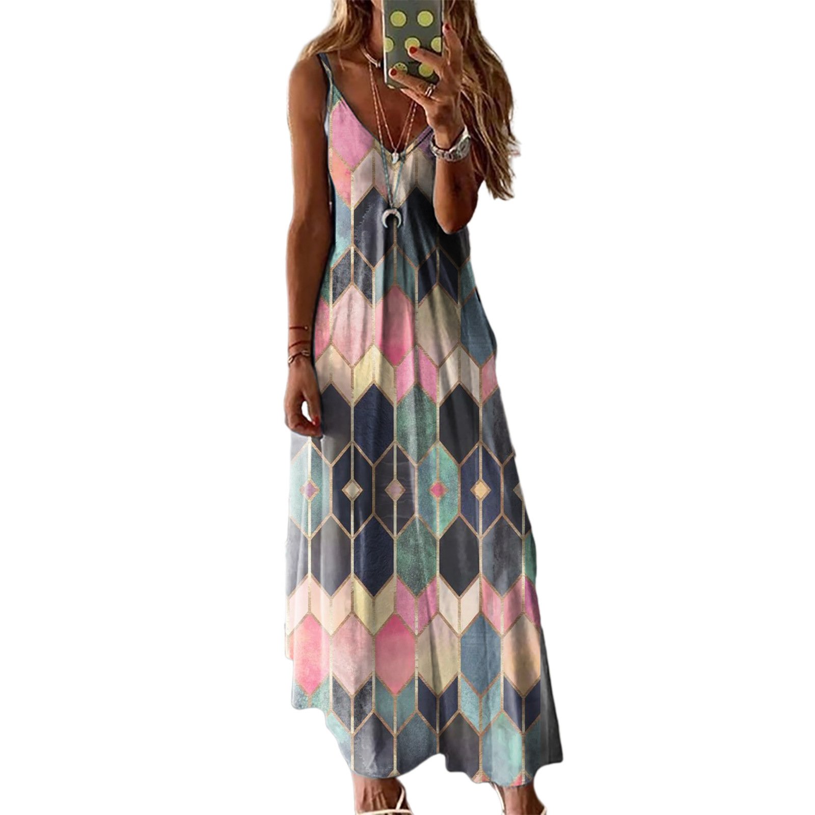 2021 Women Spring and Summer Casual Printed Camisole Long Dress featuring vibrant patterns and a comfortable fit, perfect for warm weather.