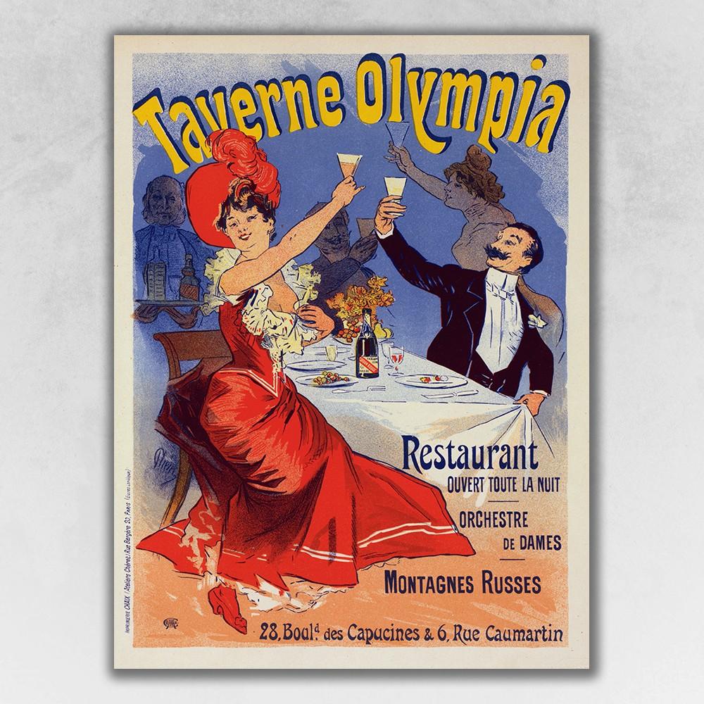 Vintage Taverne Olympia French Restaurant wall art print by Jules Cheret, featuring vibrant colors and classic design, measuring 20x28 inches.
