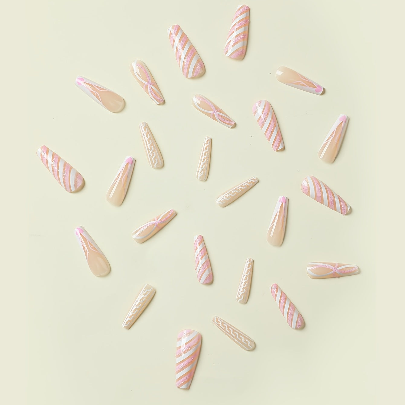 24Pcs Extra Long Press On Nails featuring transparent pink and white stripes in a ballerina shape, perfect for stylish manicures.