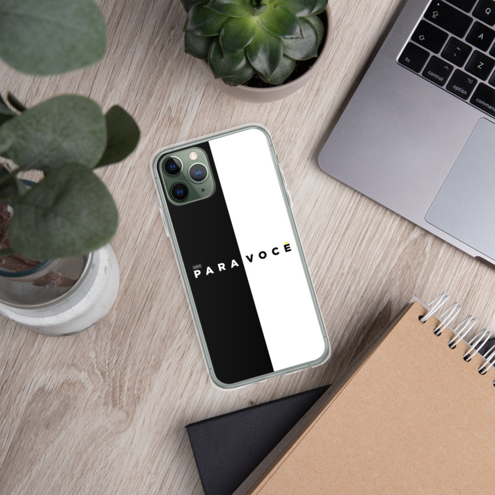 2882 B&W Colorblock Para Você iPhone Case showcasing a sleek black and white design with flexible sides and solid back.