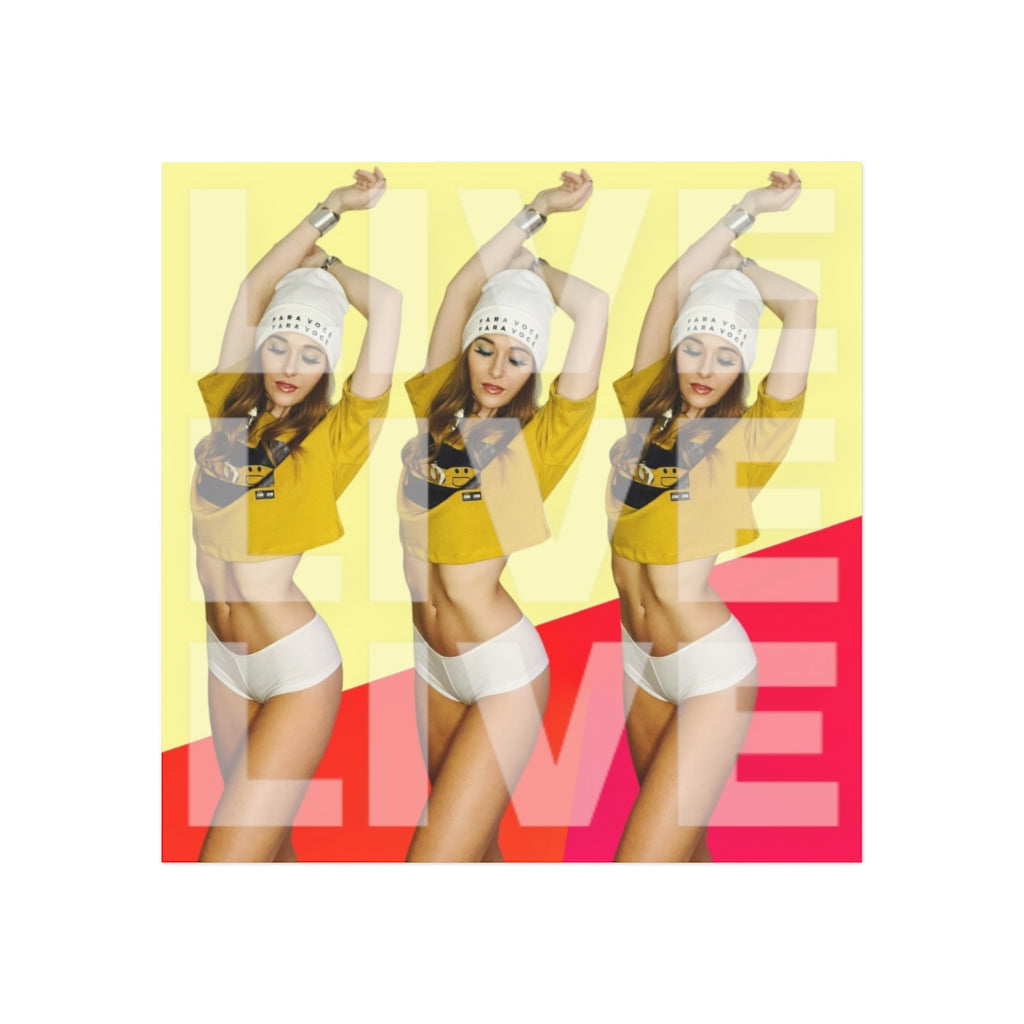 2882HomeDecor LIVE LIVE LIVE Square Magnet in two sizes, showcasing its glossy finish and vibrant design.