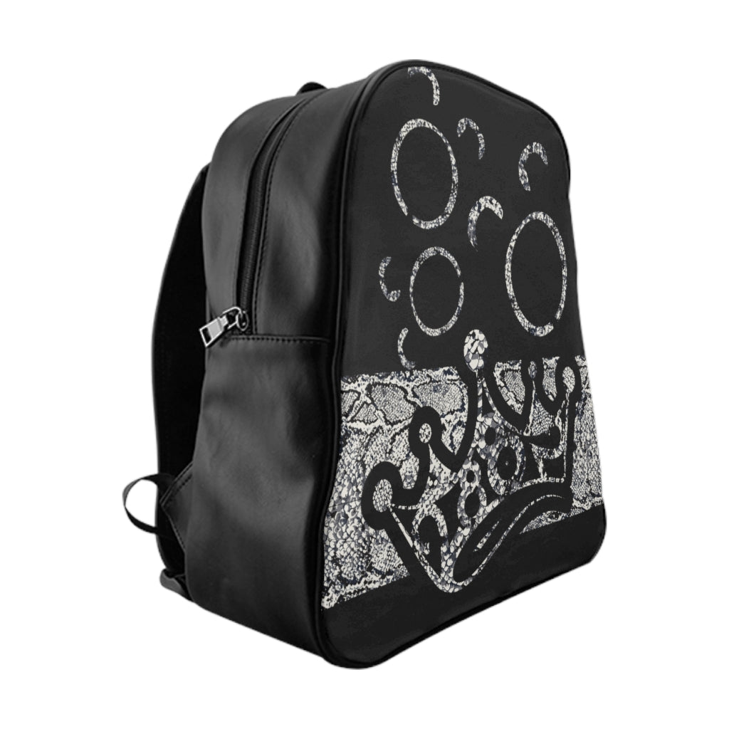 2882Sport Fit My Mood Shocked Face Snakeskin Backpack showcasing its unique design and spacious compartments.
