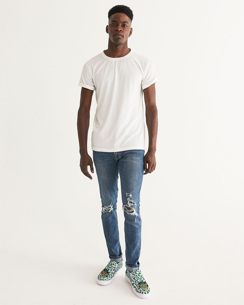 2882Sport™ Tropics of Oz Men's Cheetah Slip-On Canvas Shoes featuring a vibrant cheetah print and Shady Lion graphic.