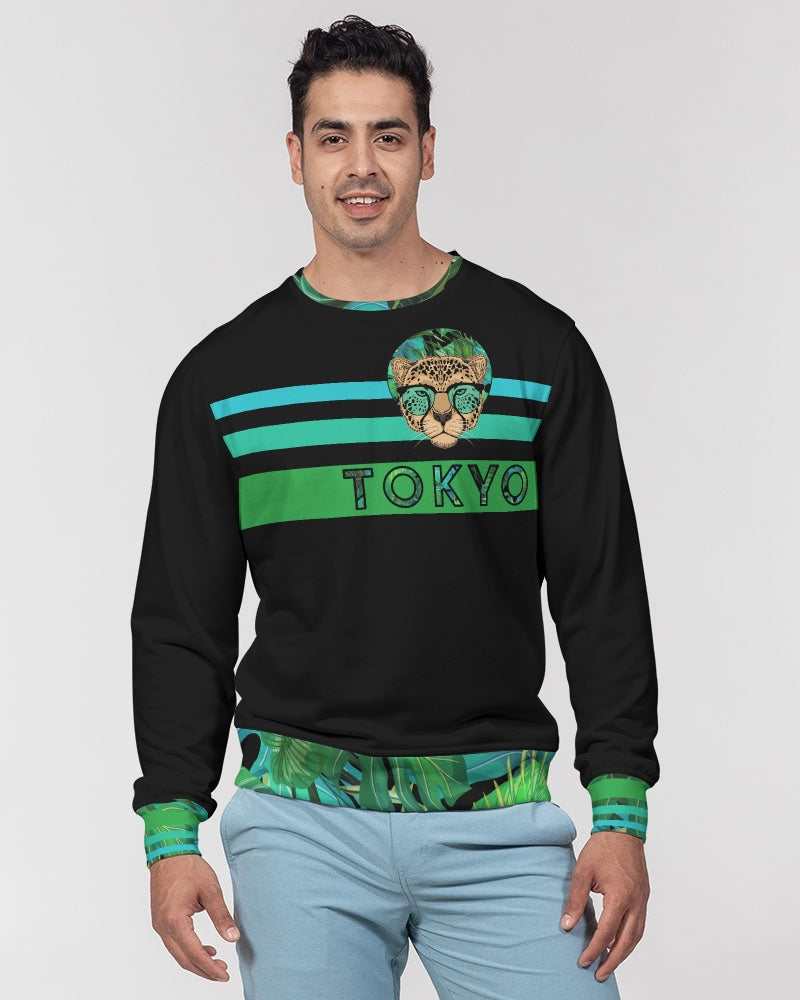 2882Sport™ Men's Tokyo Stripped French Terry Crewneck Pullover in vibrant greens and blues, showcasing modern graphics and a classic crewneck design.