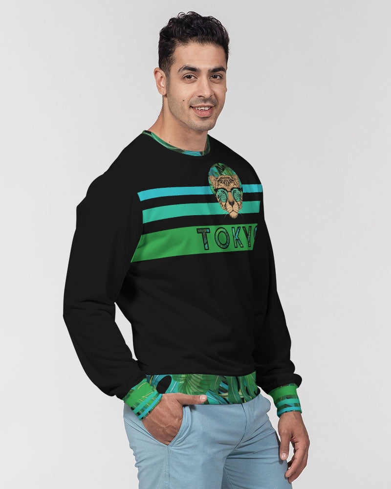 2882Sport™ Men's Tokyo Stripped French Terry Crewneck Pullover in vibrant greens and blues, showcasing modern graphics and a classic crewneck design.